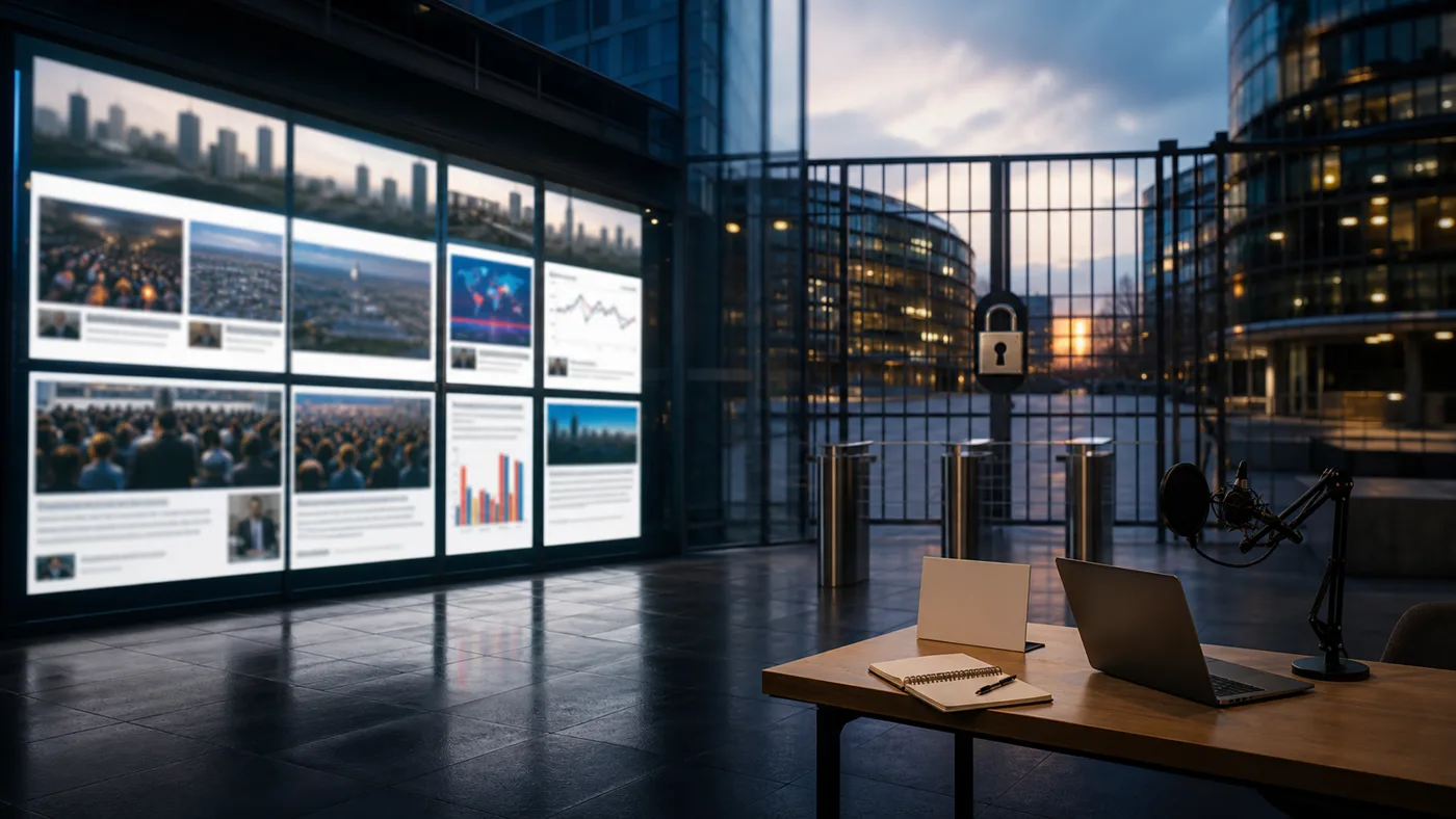 AI-beeld van een kleine redactietafel tegenover grote digitale nieuwsschermen en een gesloten poort als beeld bij EU-regels voor politieke advertenties en zichtbaarheid van nieuwkomers.