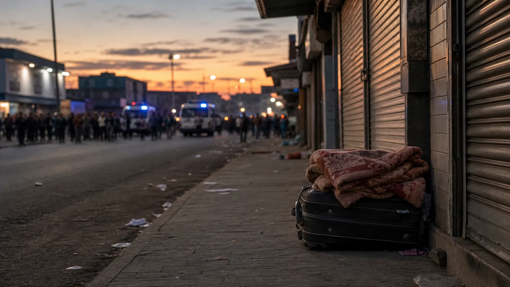 AI-beeld van een gesloten winkelstraat in Zuid-Afrika met een koffer en deken op de stoep, op afstand wazige politie en demonstranten als beeld bij migrantenprotesten.