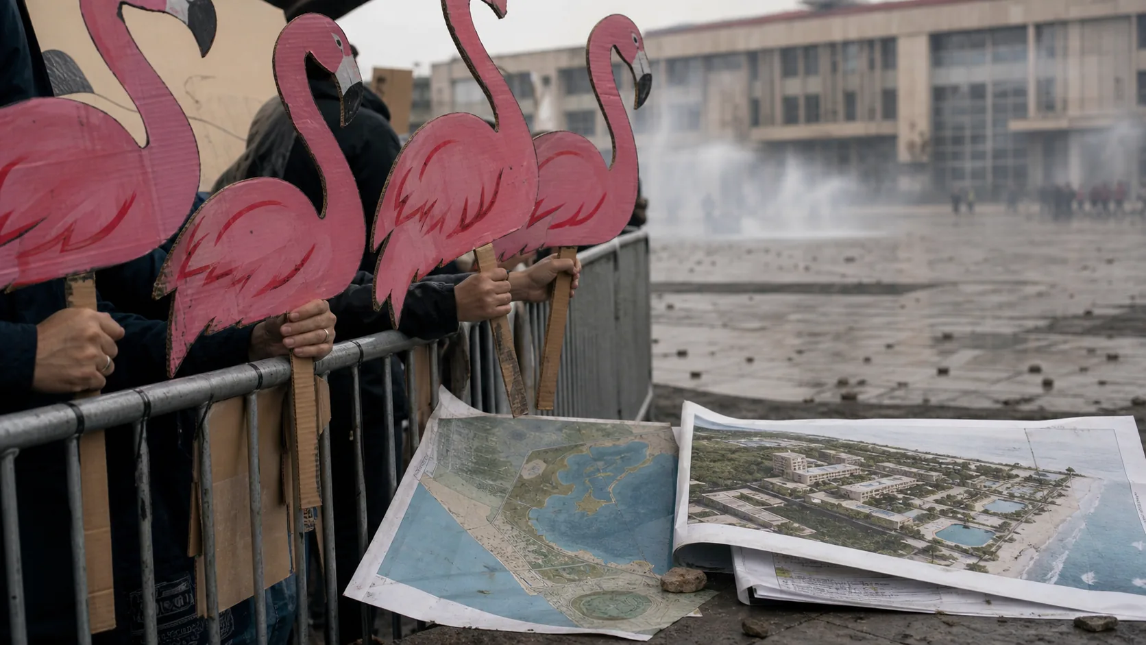 AI-beeld van anonieme demonstranten met flamingo-borden, metalen barrières en een kustkaart als illustratie bij Albanië protest tegen een Kushner-gelinkt resort.