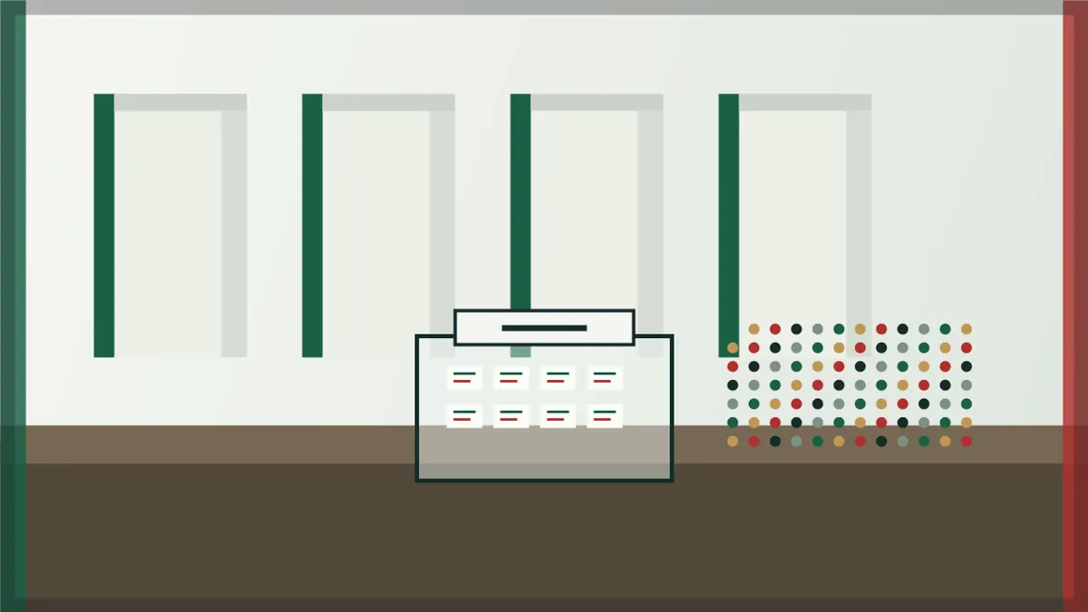 AI-beeld van een sobere Algerijnse stembusopstelling met abstracte zetelkaart en lege stemhokjes als illustratie bij de Algerije verkiezingen 2026.