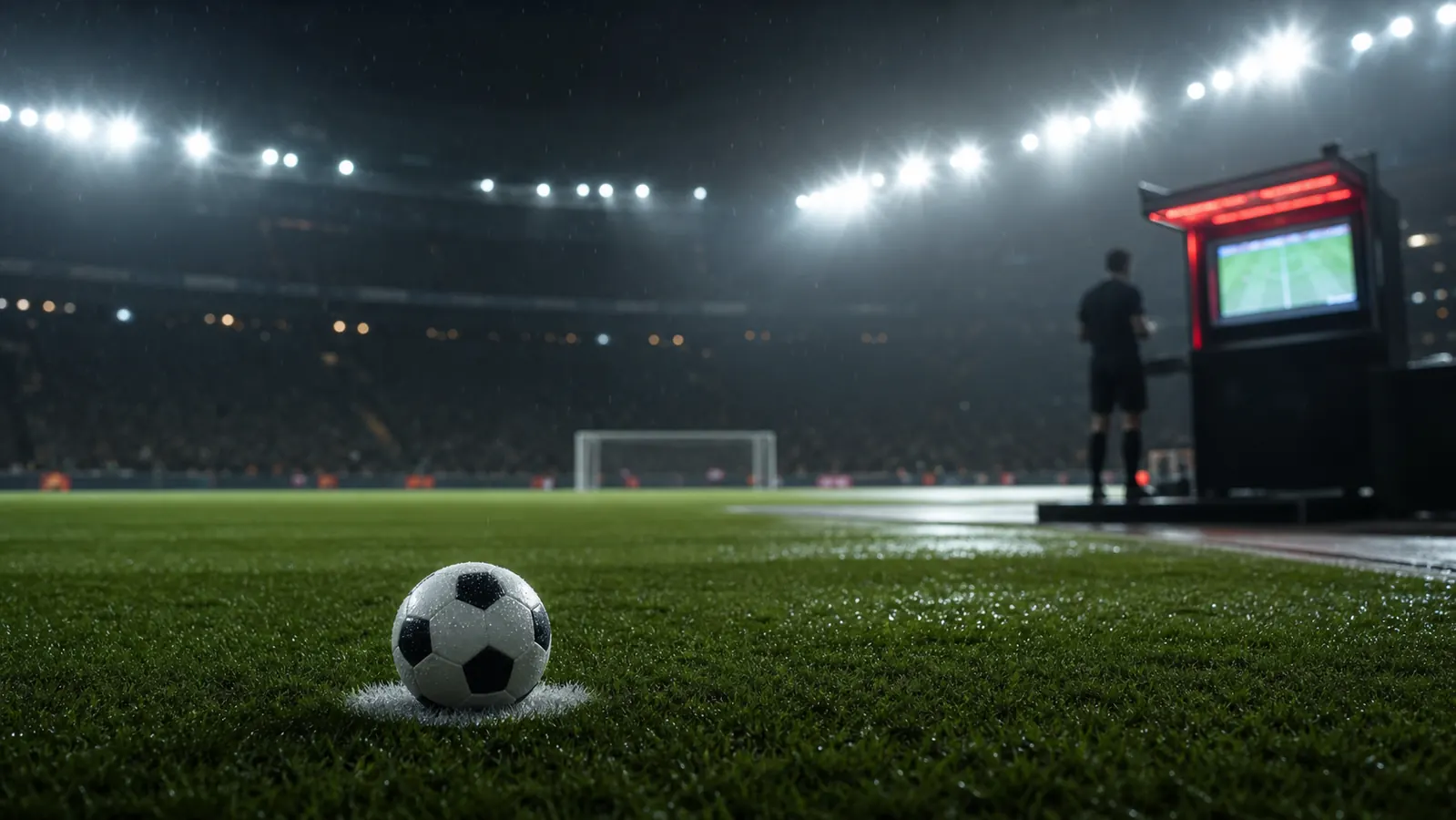 AI-beeld van een voetbal op de penaltystip met stadionlicht en een abstract VAR-scherm als illustratie bij Belgie-Senegal op het WK 2026.
