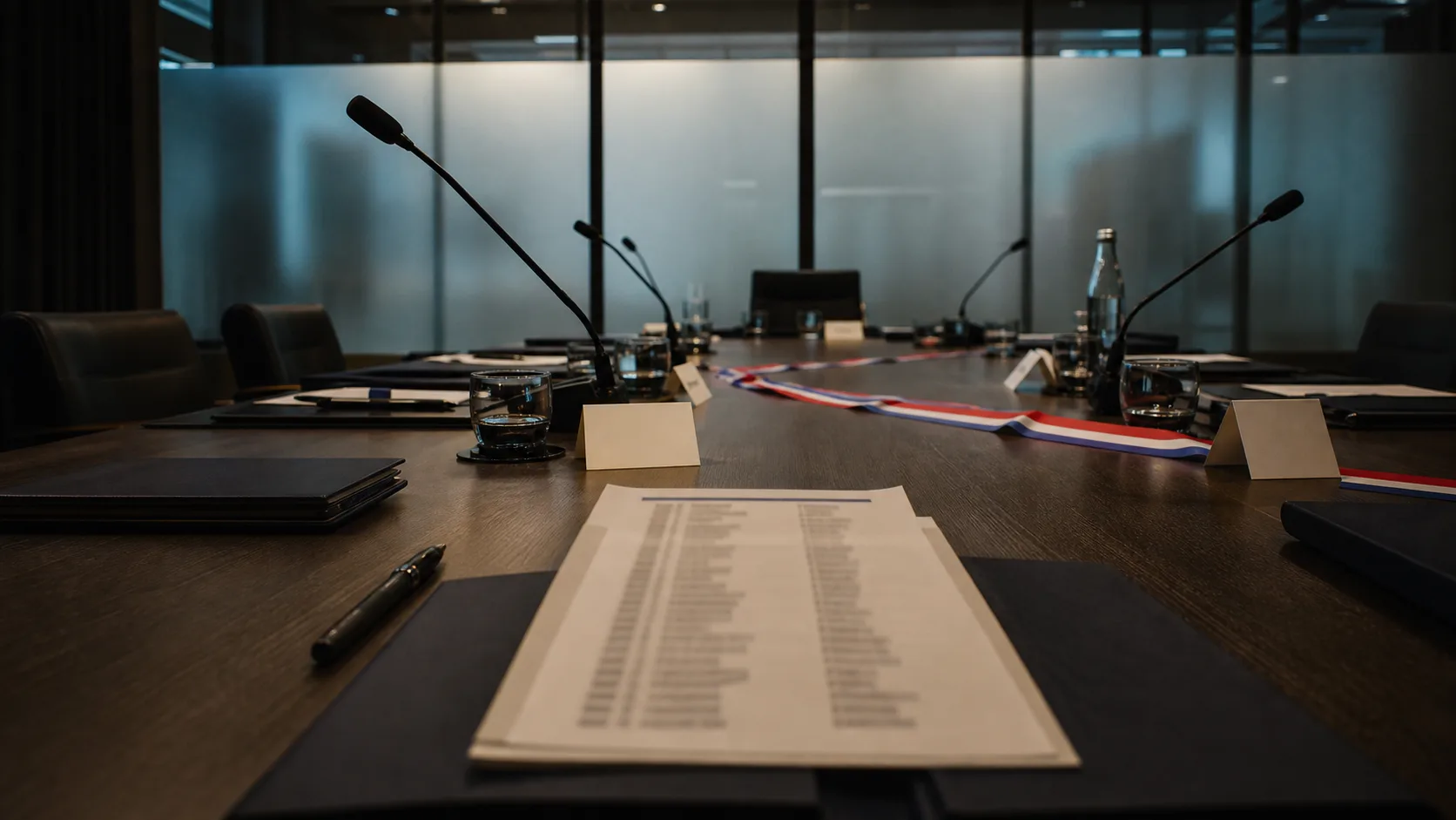 AI-beeld van een besloten vergadertafel met microfoons, mappen en een onscherpe deelnemerslijst als illustratie bij Kamercontrole op de Bilderbergconferentie.