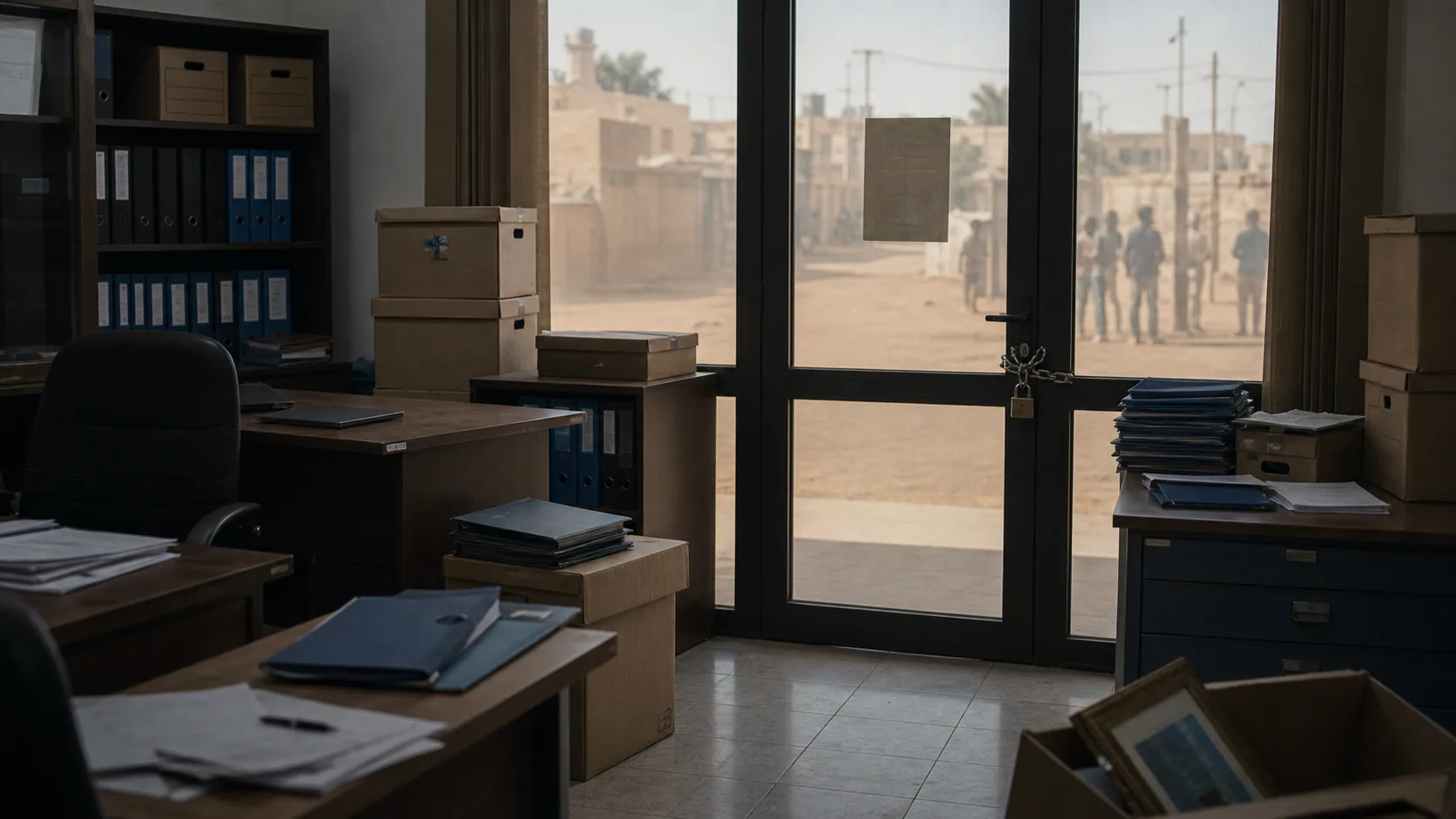 AI-beeld van een sober gesloten mensenrechtenkantoor met dozen, dossiers en lege bureaus als illustratie bij de sluiting van het VN-mensenrechtenkantoor in Burkina Faso.