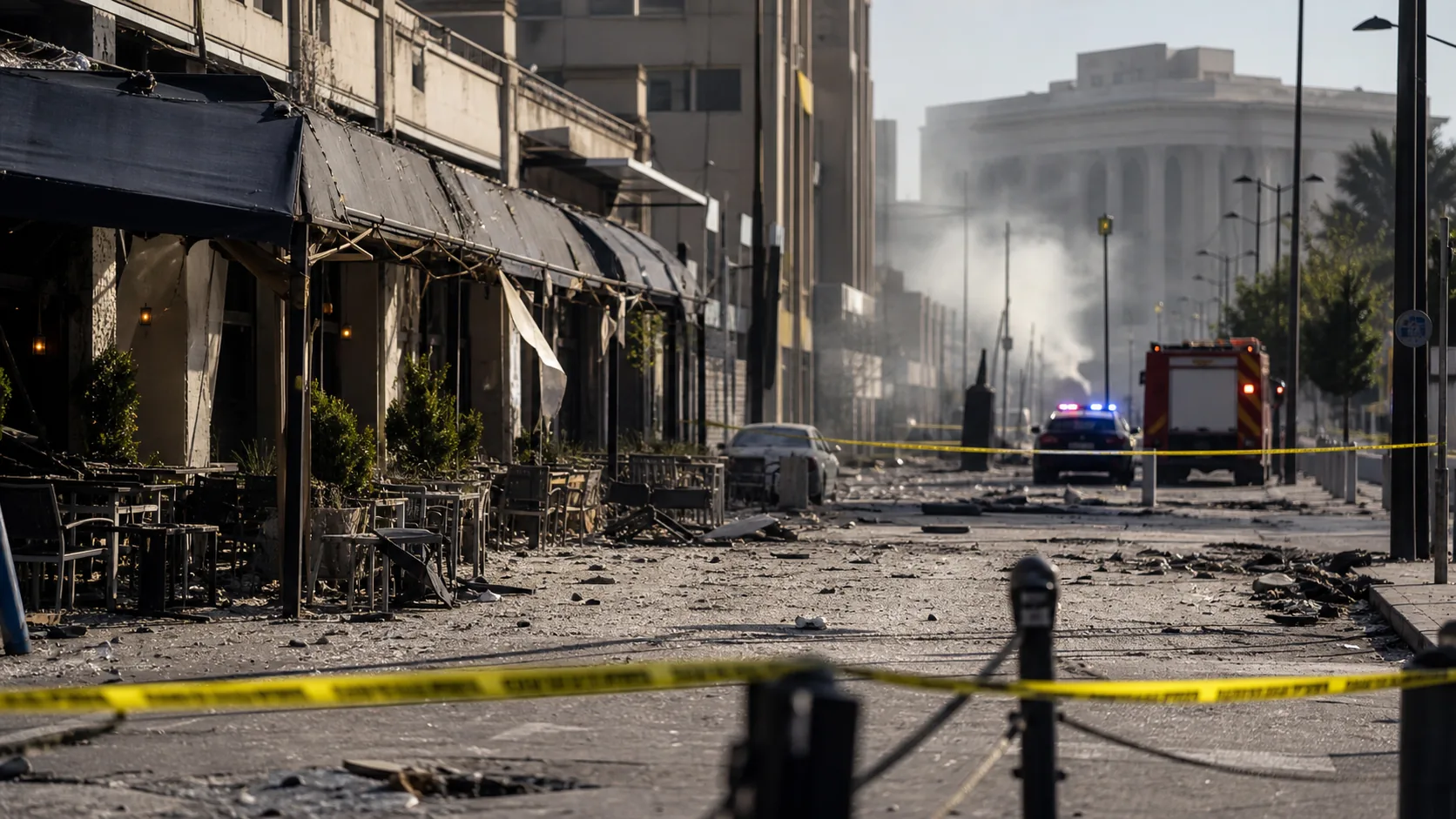 AI-beeld van een beschadigde caféstraat in een Midden-Oosterse stad met noodlichten en afzetlint als illustratie bij de explosie in Damascus.