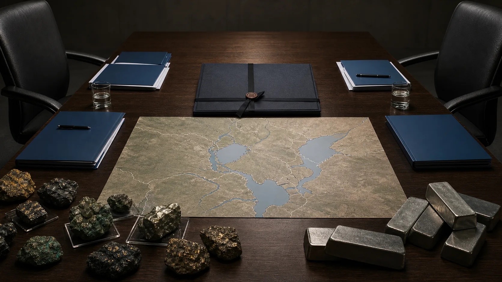 AI-beeld van een lege diplomatieke tafel met een gesloten vredesmap, abstracte kaart van het Grote Merengebied, documenten en mineralen als illustratie bij DR Congo, Rwanda en M23.