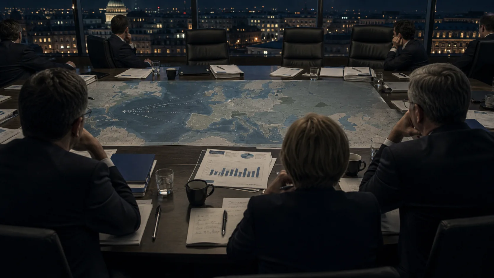 AI-beeld van een Europese strategiekamer met kaart, defensiemappen en trans-Atlantische lijnen als illustratie bij Europese leiders onder Trump-druk.