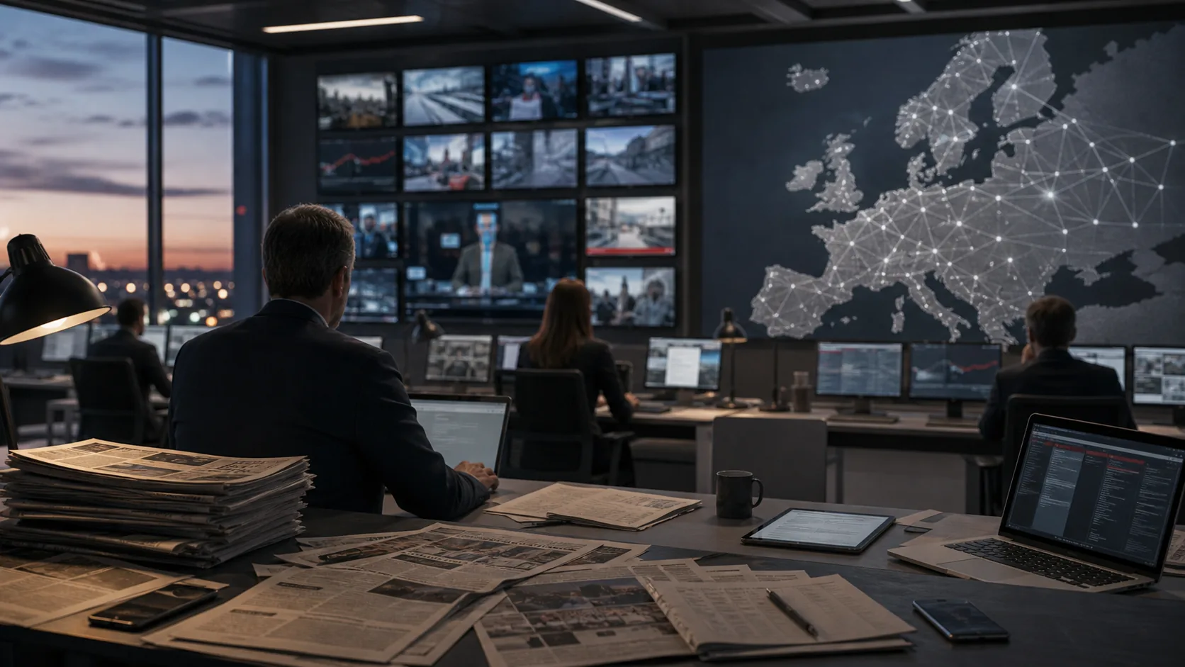 AI-beeld van een Europese nieuwsruimte met schermen, kranten, smartphones en een abstracte kaart van Europa als illustratie bij mediaconcentratie.