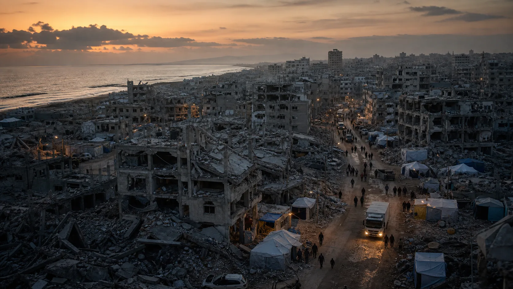 AI-beeld van een verwoeste kuststad met tenten, hulpvoertuigen en silhouetten als illustratie bij Gaza 1.000 dagen oorlog.