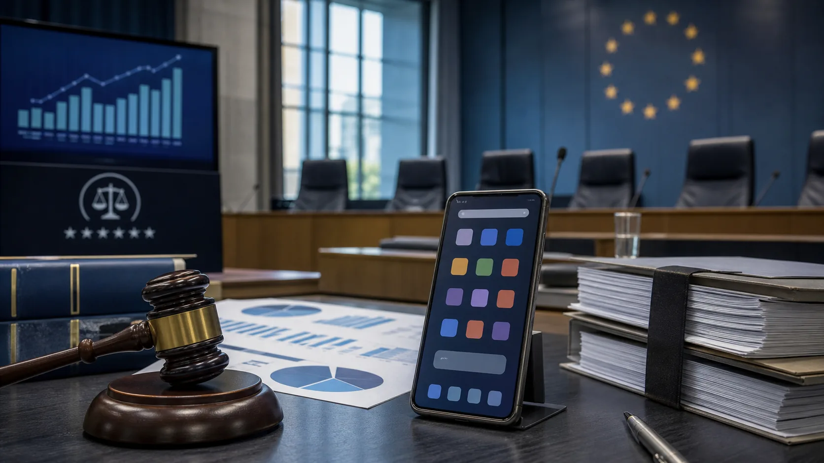 AI-beeld van een smartphone op een tafel in een Europese mededingingszaak met juridische dossiers en financiële grafieken.