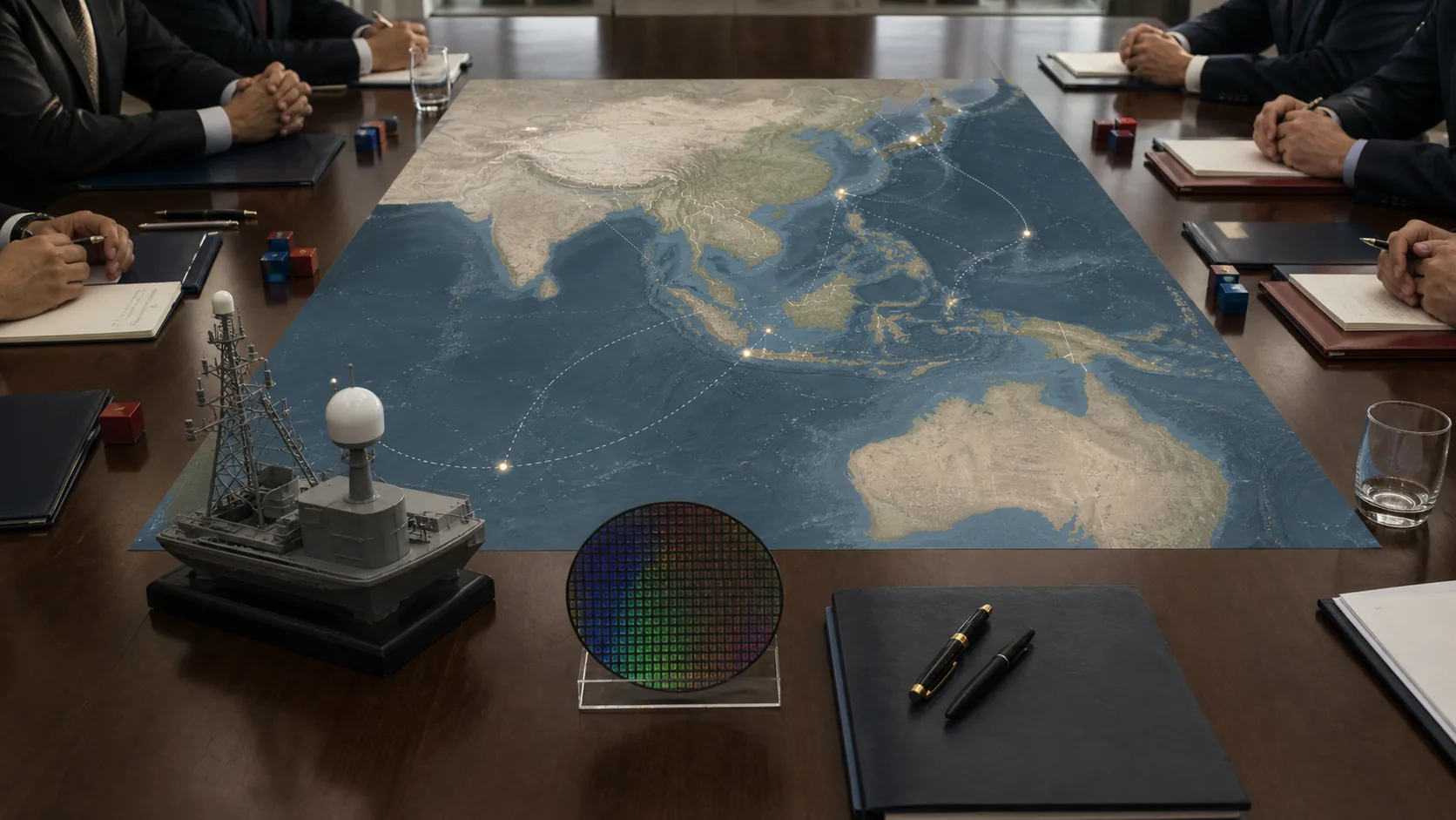 AI-beeld van een diplomatieke vergadertafel met Indo-Pacific kaart, chip en communicatie-antenne als illustratie bij Japan-India samenwerking 2026.