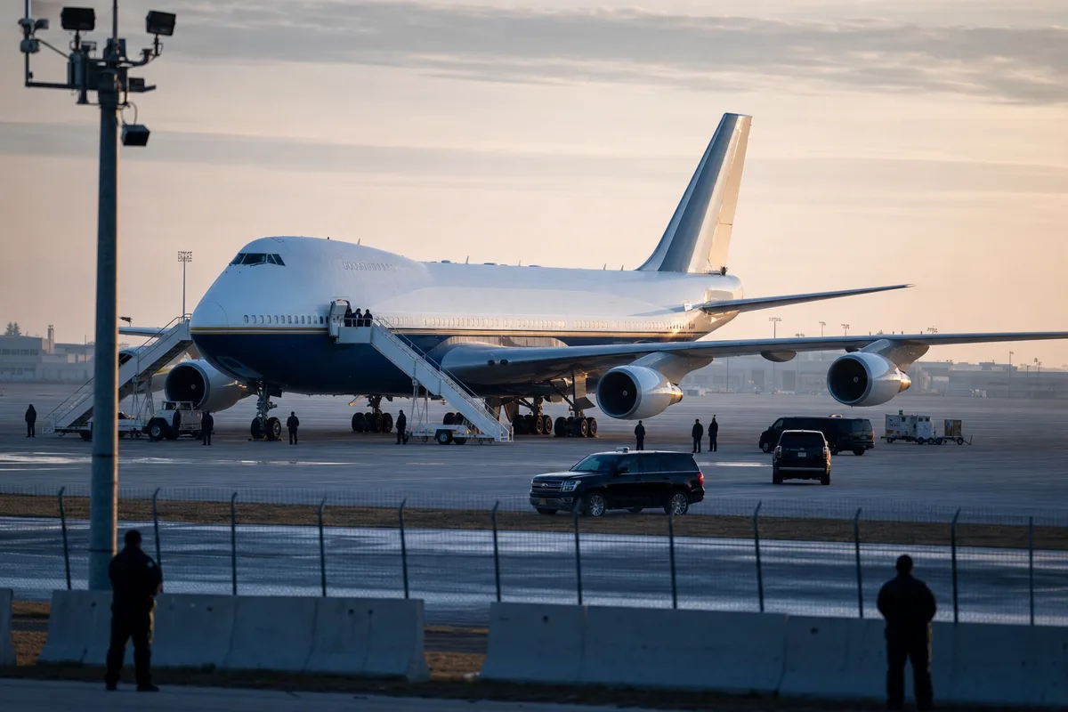AI-beeld van een groot presidentieel regeringsvliegtuig op een beveiligde luchtmachtbasis als illustratie bij Qatar Air Force One.