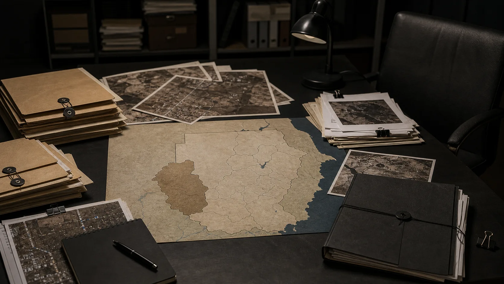 AI-beeld van een onderzoeksbureau met een abstracte kaart van Sudan en Darfur, dossiers en satellietachtige prints als illustratie bij El Fasher en het RSF-rapport.
