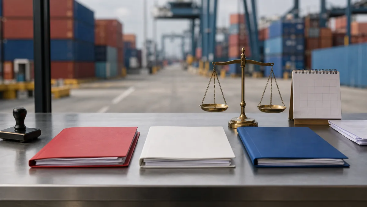 AI-beeld van handelsdossiers, weegschaal en containerterminal als illustratie bij USMCA review en handelsonzekerheid.