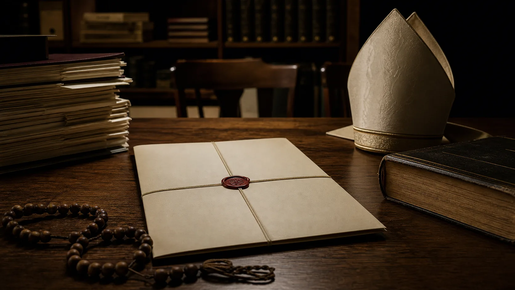AI-beeld van een kerkrechtelijk bureau met een verzegeld decreet, dossiers, een eenvoudige bisschopsmijter en een oud boek als illustratie bij de Vaticaan-SSPX excommunicatie.