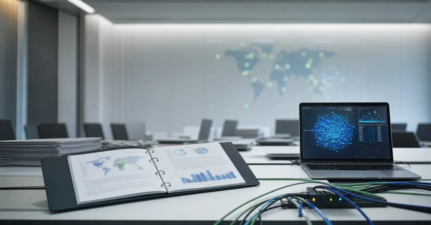 AI-beeld van een internationale conferentietafel met rapporten, laptop en abstracte datavisualisatie als illustratie bij het VN AI rapport.