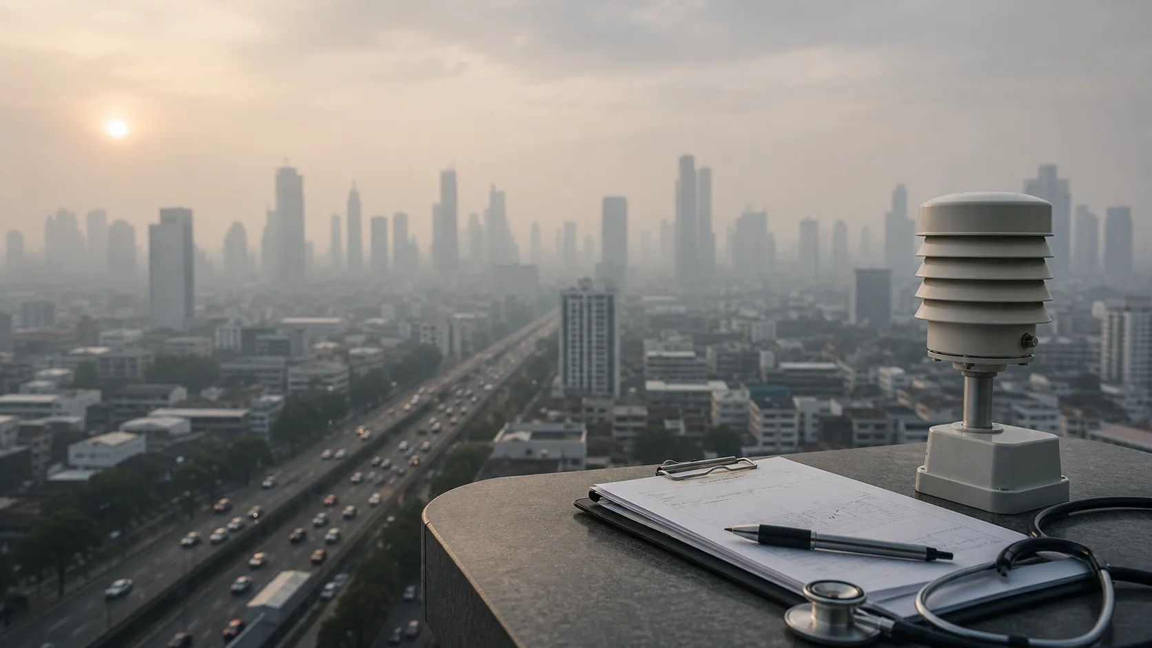 AI-beeld van een wazige stad met een luchtkwaliteitssensor en medische documenten als illustratie bij WHO-waarschuwing over luchtvervuiling en PM2.5.