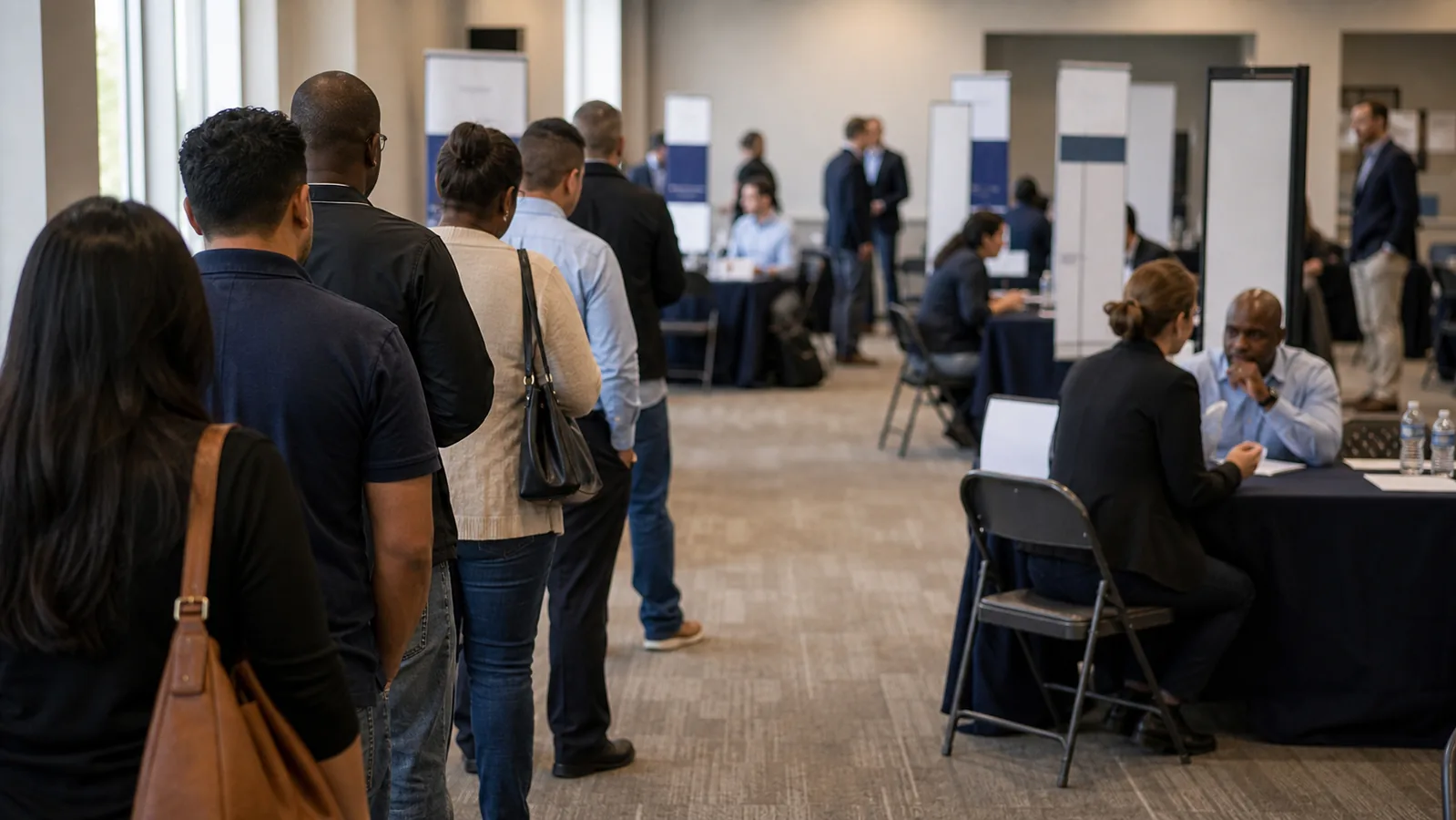 AI-beeld van een rij werkzoekenden bij een sobere banenbeurs als illustratie bij het Amerikaanse banenrapport van juni 2026.