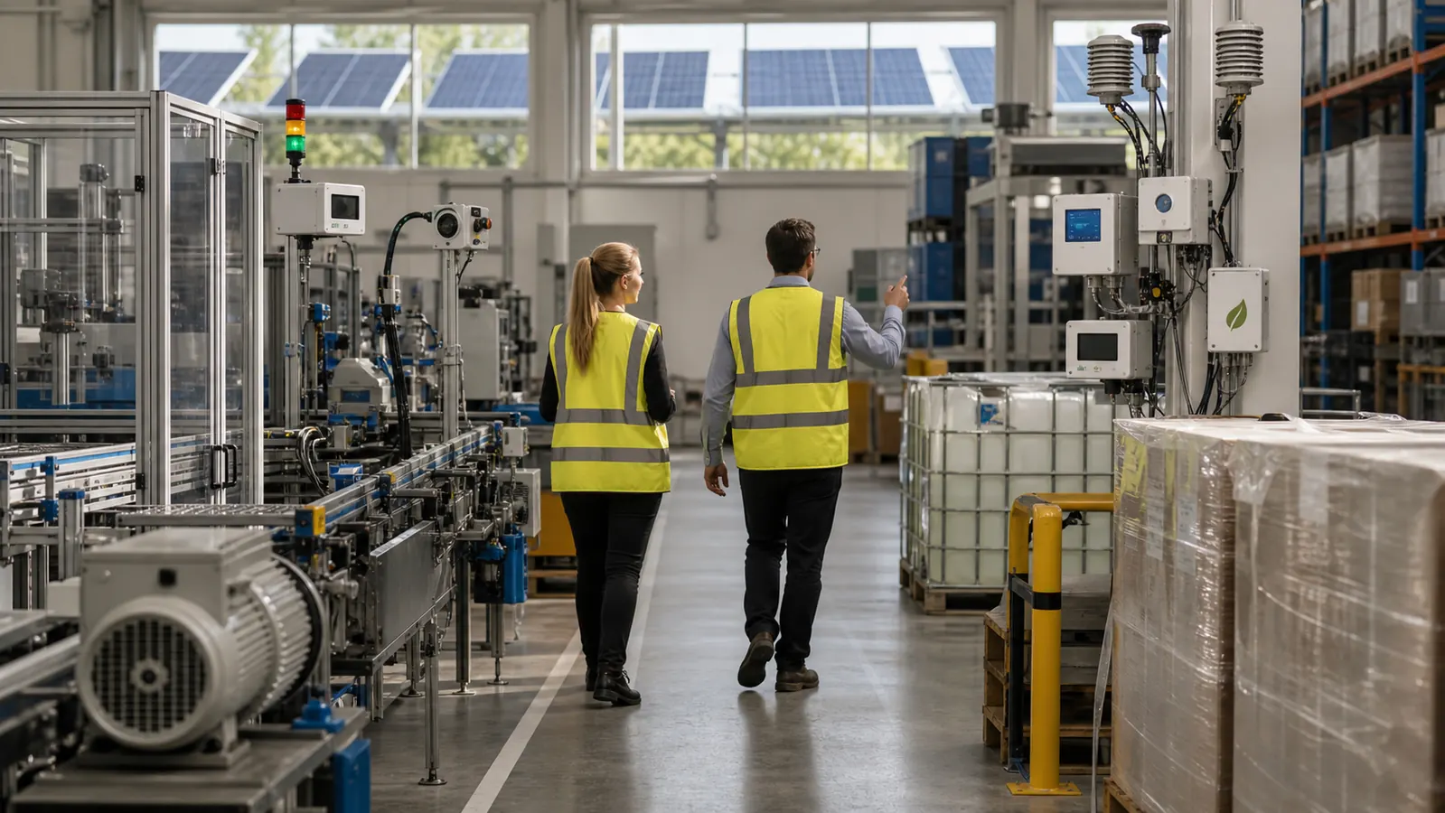 AI-beeld van een Europese fabriek met meetapparatuur, pallets en duurzaamheidscontrole als illustratie bij de EU-herziening van CSRD- en ESRS-rapportage.