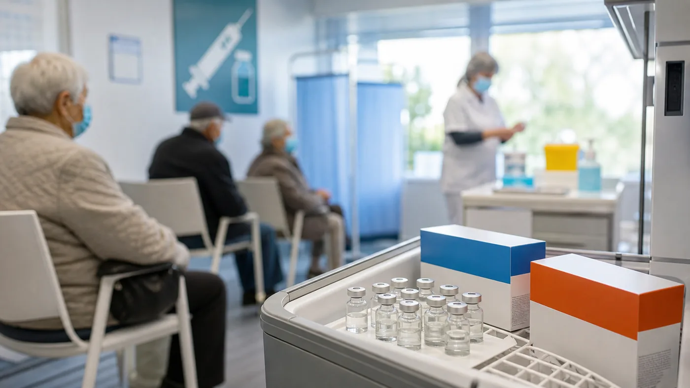 AI-beeld van een Europese vaccinatiekliniek met oudere patiënten en anonieme griepvaccins als illustratie bij het Sanofi EU-antitrustonderzoek.