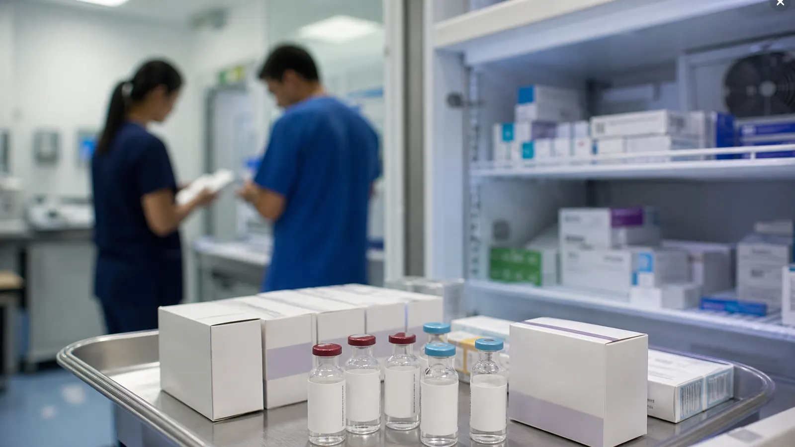 AI-beeld van een ziekenhuisapotheek met blanco medicijnflacons en merkloze verpakkingen als illustratie bij de WHO-waarschuwing over vervalste DARZALEX.
