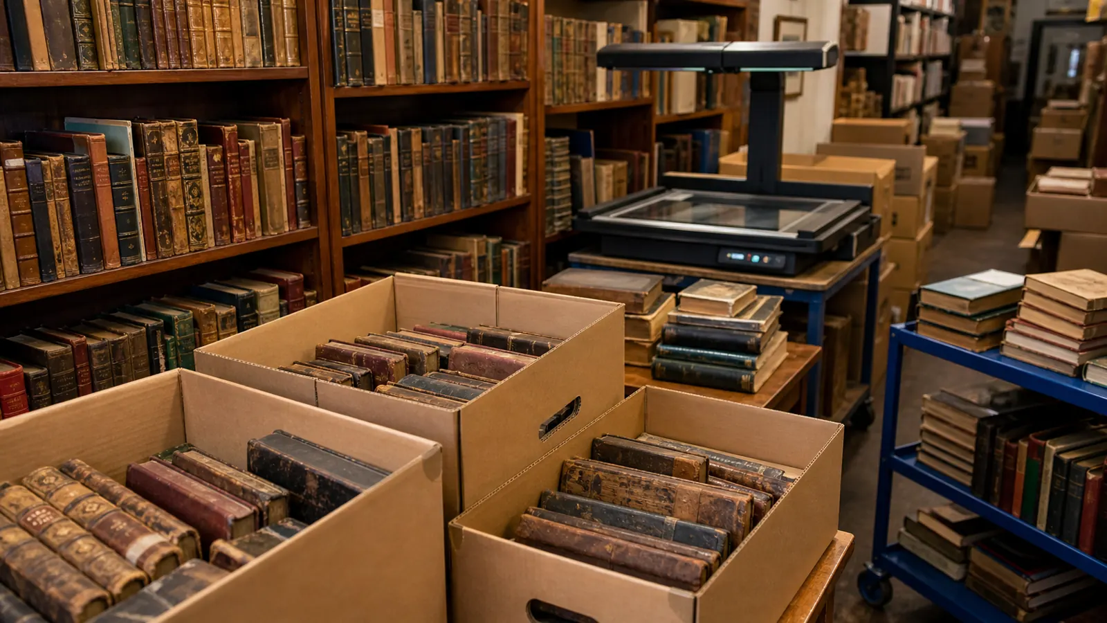 AI-beeld van een antiquariaat met oude boeken, dozen en een scanner als illustratie bij massale boekenaankopen voor AI-training.
