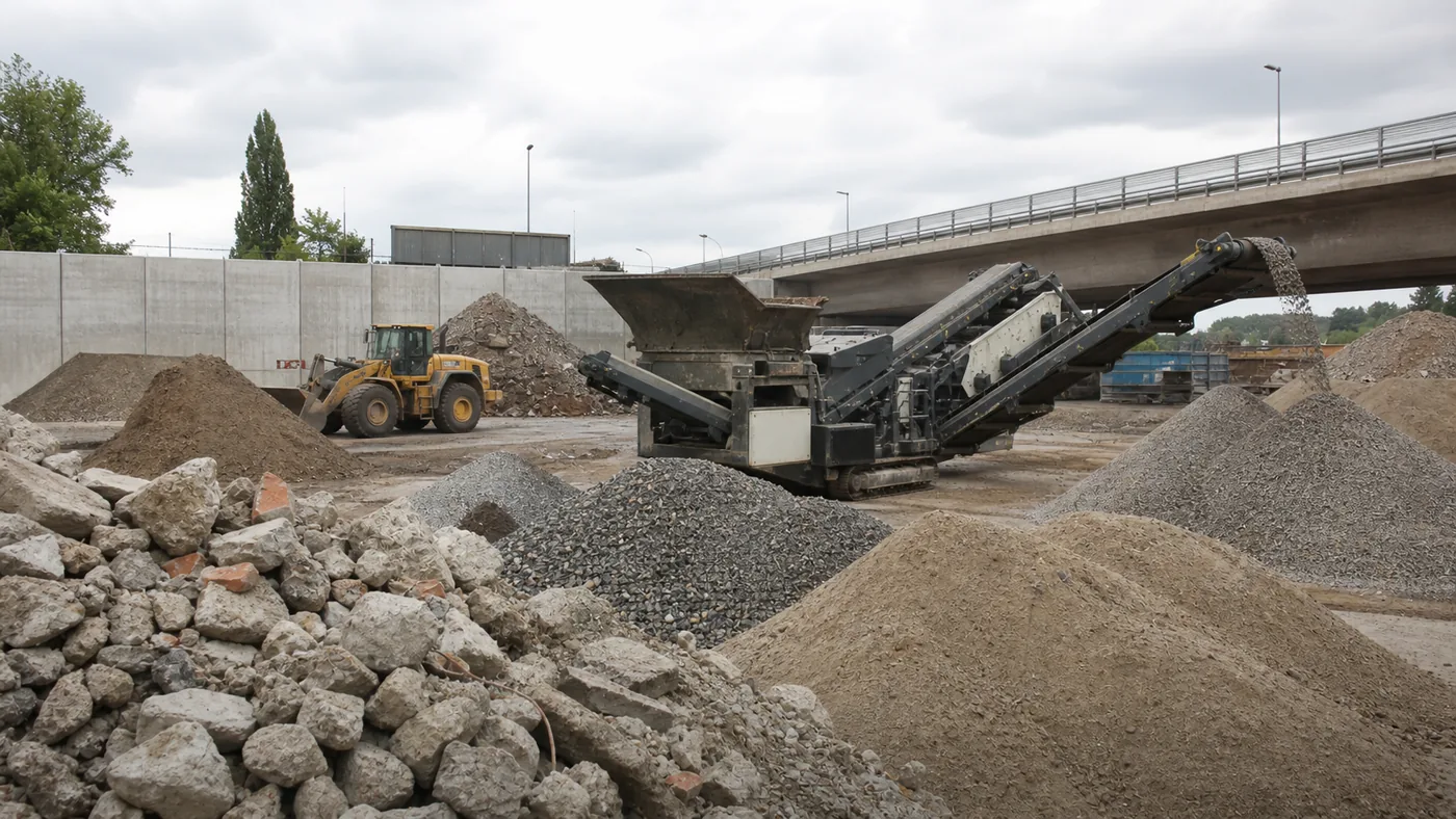 AI-beeld van een bouwrecyclingwerf met puin, grindhopen, zeefinstallatie en loader als illustratie bij schaarse bouwstoffen en recyclingbouwstoffen in Duitsland.
