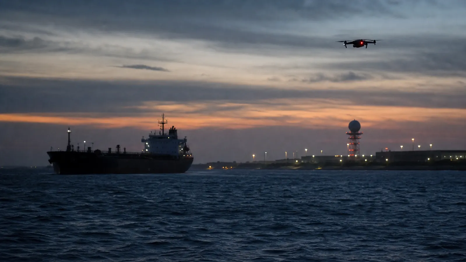 AI-beeld van een donkere Noordzee met een onherkenbaar schip, een kleine drone en radarlichten als illustratie bij claims over drones boven Volkel en Russische schaduwvloot.