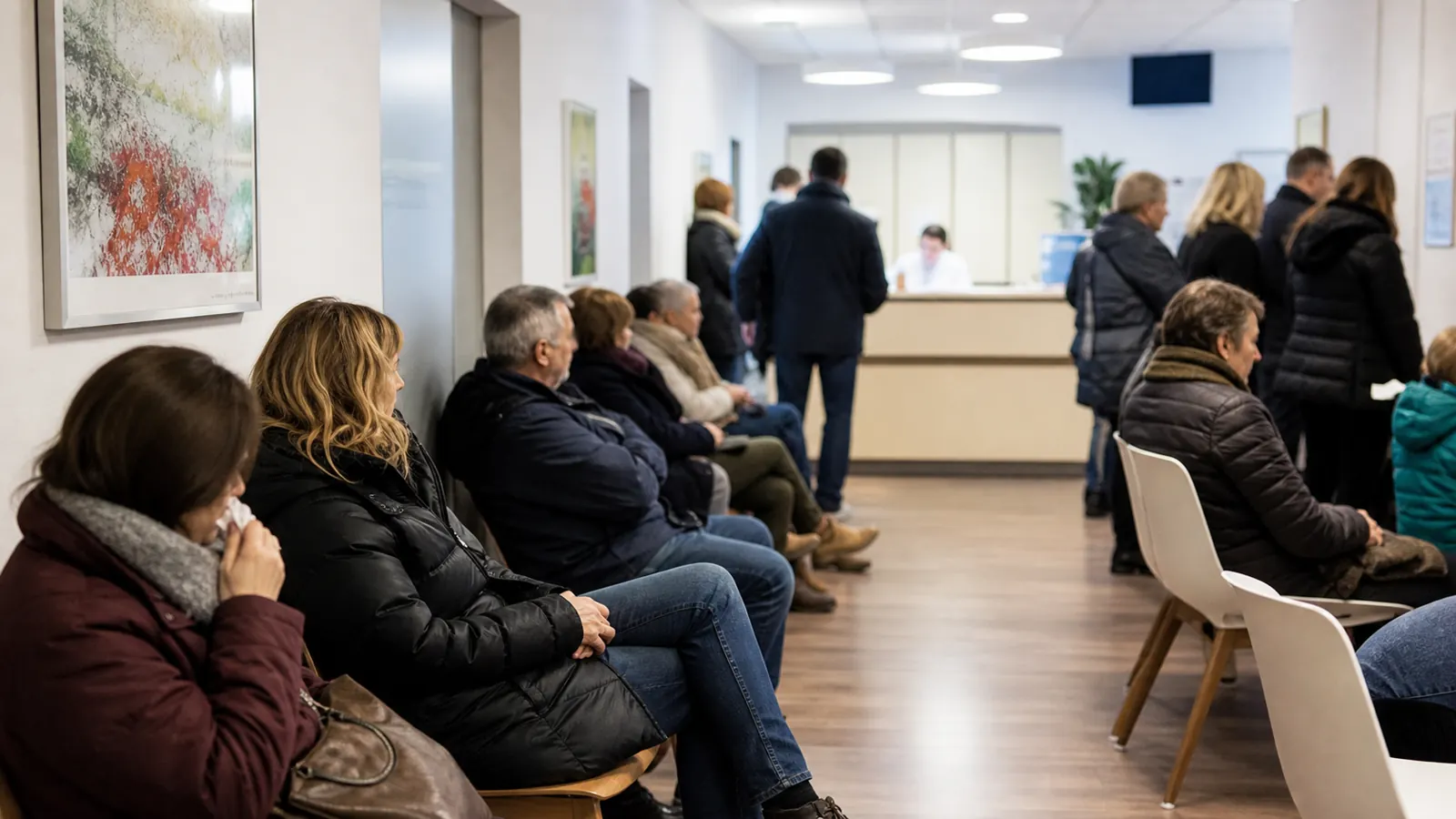 AI-beeld van een drukke wachtkamer in een Duitse huisartsenpraktijk als verbeelding van extra druk door een doktersverklaring vanaf de eerste ziektedag.