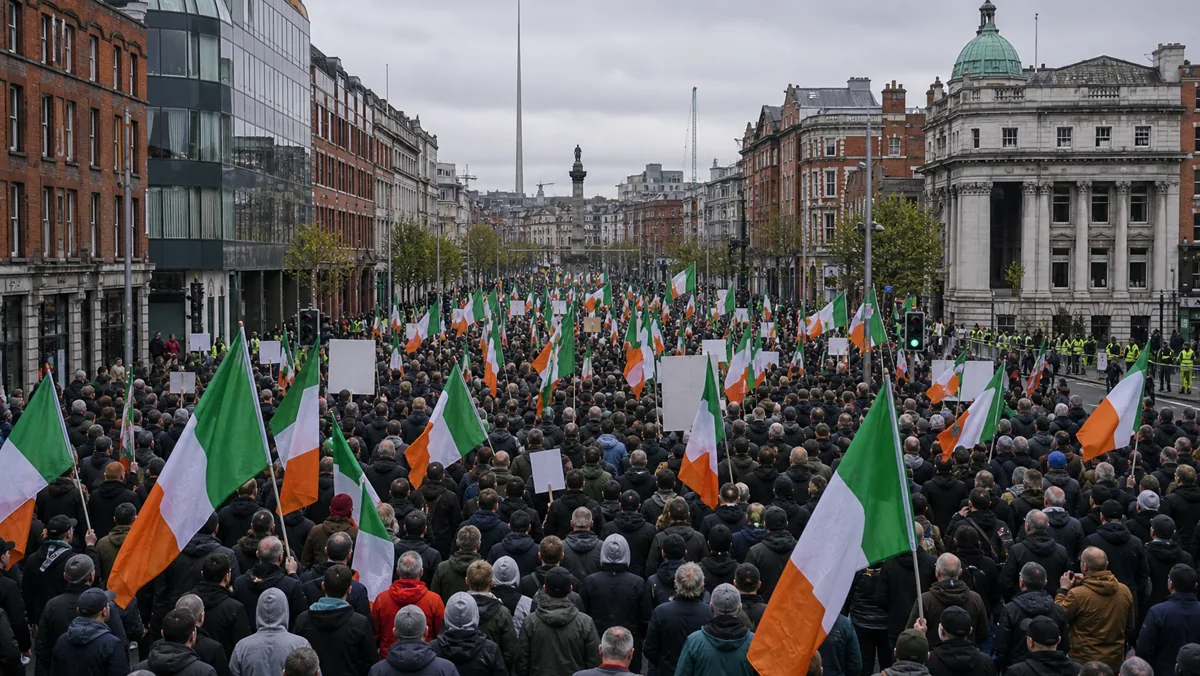 AI-beeld van een grote Ierse straatdemonstratie met tricolour-vlaggen als illustratie bij asielbeleid, opvangdruk en protesten in Ierland.
