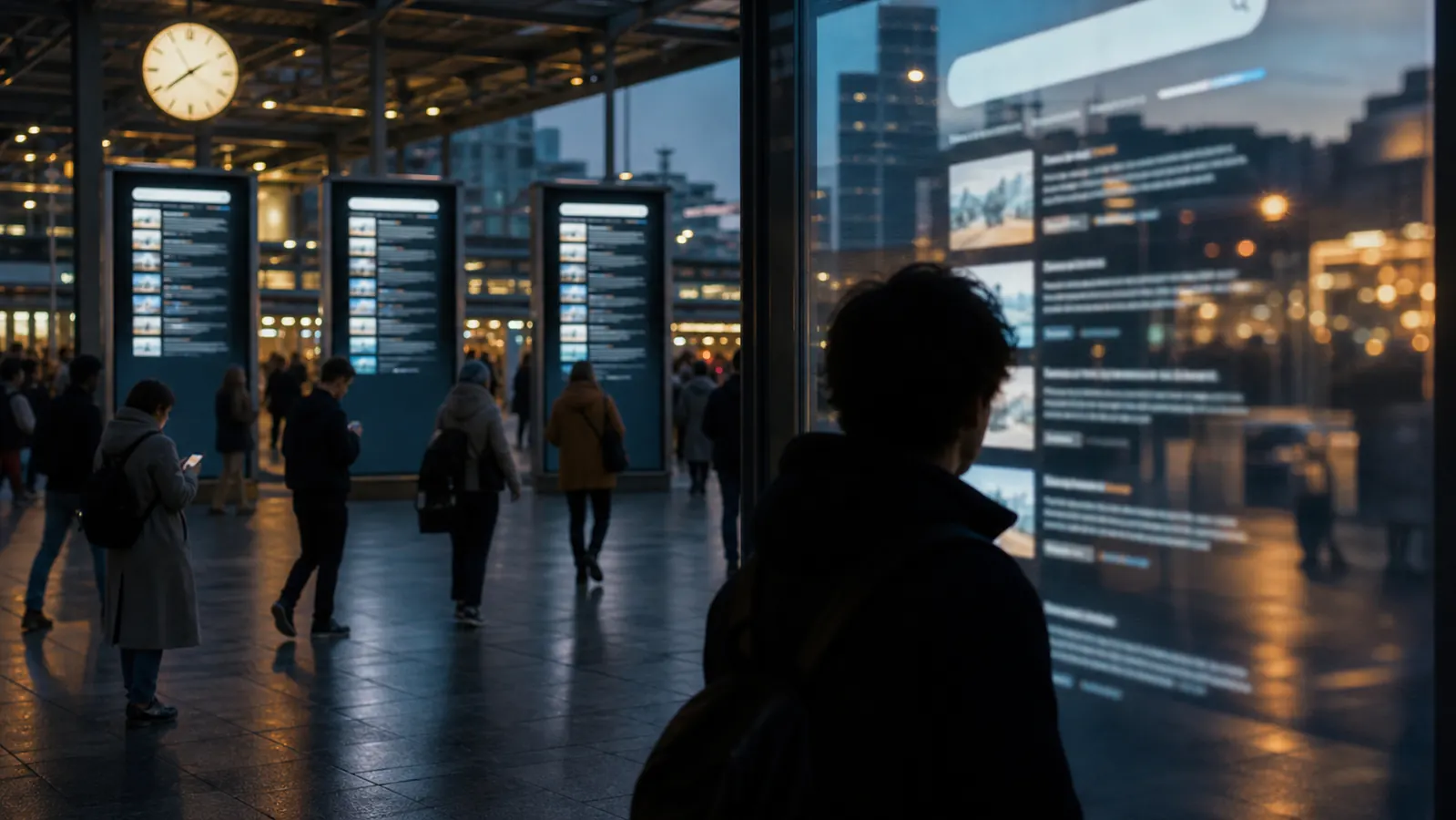 AI-beeld van een publieke ruimte met digitale zoek- en nieuwspanelen waarbij sommige resultaten prominent zichtbaar zijn en andere naar de achtergrond verdwijnen.