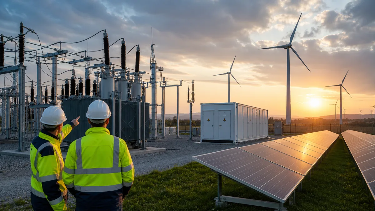AI-beeld van een Europees energieproject met elektriciteitsnet, batterijopslag, zonnepanelen, windturbines en technici als illustratie bij het EU Modernisation Fund.