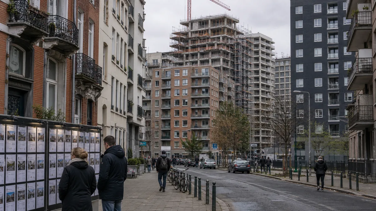 AI-beeld van een Europese woonstraat met appartementen en anonieme mensen als illustratie bij stijgende huizenprijzen en huren in de EU.