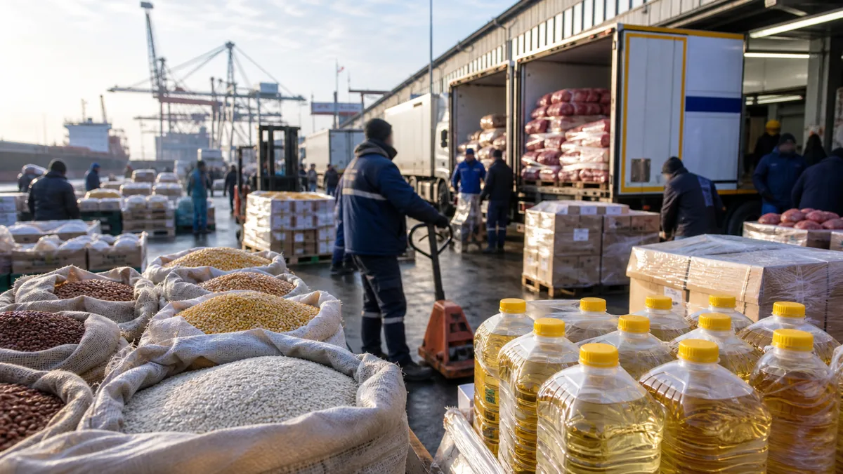 AI-beeld van een internationale voedsel- en logistieke markt met graan, plantaardige olie en koeltransport als illustratie bij de FAO Food Price Index van juni 2026.