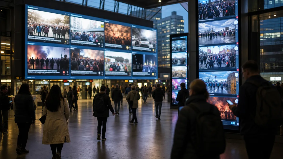 AI-beeld van een publieke ruimte met grote digitale nieuwsfeeds en anonieme voorbijgangers als illustratie bij migratieframing op Google News en YouTube.