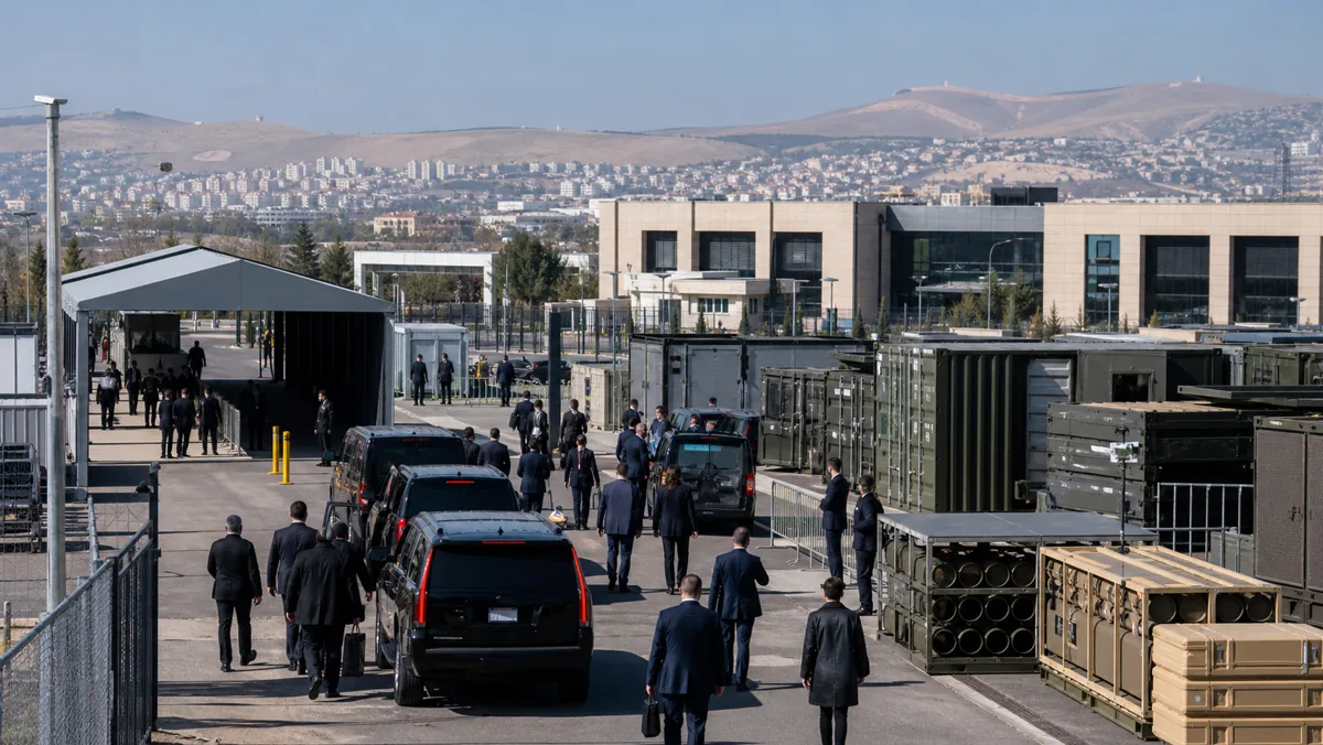 AI-beeld van een beveiligde conferentie- en defensie-industrieomgeving bij Ankara als illustratie bij de NAVO-top van 2026.