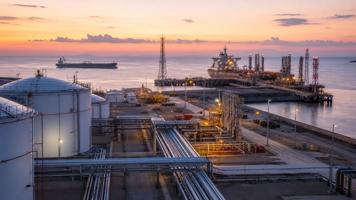 AI-beeld van een olie-exportterminal met opslagtanks, pijpleidingen en tankers als illustratie bij het OPEC+-besluit over olieproductie in augustus 2026.