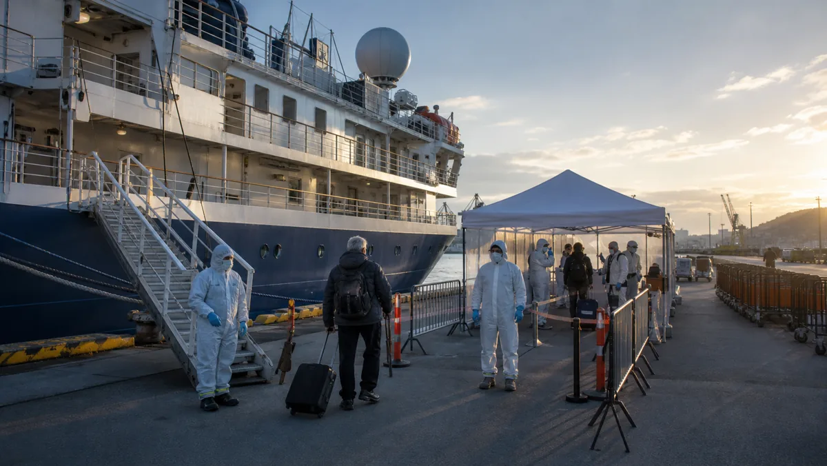 AI-beeld van een expeditiecruiseschip aan een kade met anonieme gezondheidswerkers en een controlepunt als illustratie bij de WHO-update over de Hondius-hantavirusuitbraak.