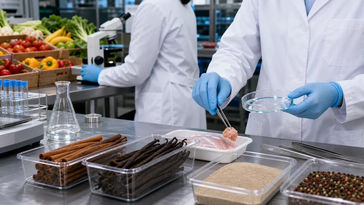 AI-beeld van voedselveiligheidsinspecteurs in een laboratorium met monsters van specerijen, vanille, kippenvlees, gist en verse producten als illustratie bij Codex Alimentarius CAC49.