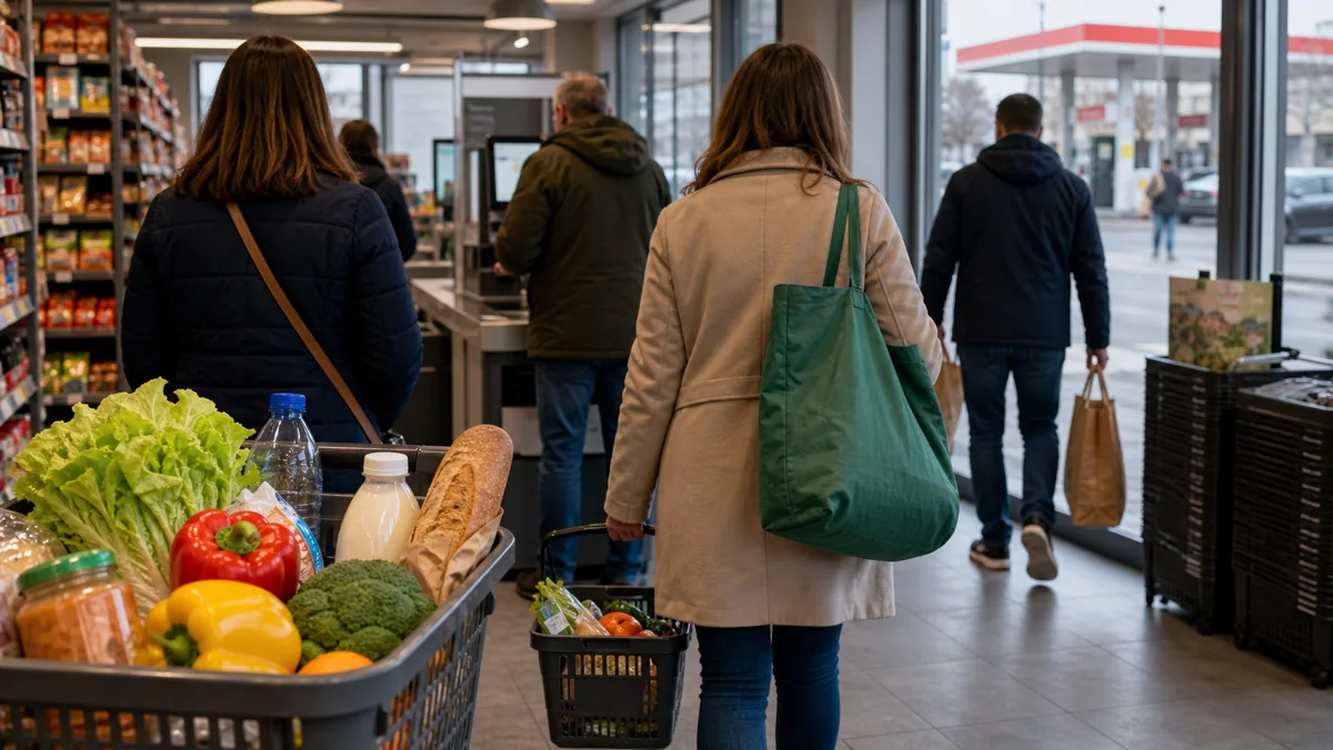 AI-beeld van een Europese supermarkt met shoppers en boodschappen, met op afstand een generiek tankstation als illustratie bij Eurostat-detailhandelscijfers mei 2026.