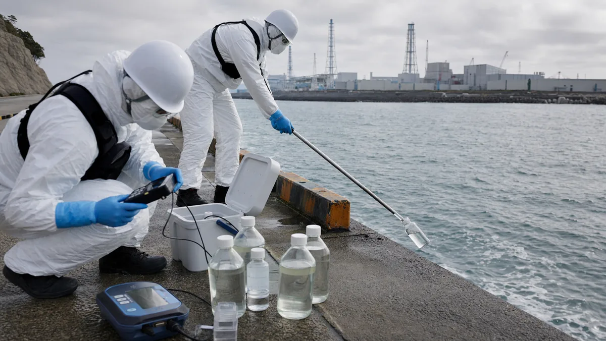 AI-beeld van anonieme monitoringmedewerkers die zeewatermonsters nemen bij een generieke nucleaire kustlocatie als illustratie bij IAEA-controle van Fukushima ALPS-water.