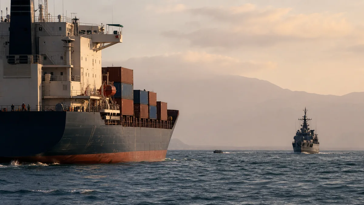 AI-beeld van een generiek vrachtschip op zee met een patrouillevaartuig en klein bootje op afstand als illustratie bij IMO-waarschuwingen over zeevarenden en piraterij.