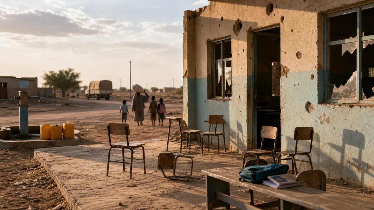 AI-beeld van een beschadigde schoolachtige burgerplek in Sudan met lege stoelen, waterpunt en anonieme silhouetten op afstand als illustratie bij UNICEF-cijfers over kindslachtoffers.