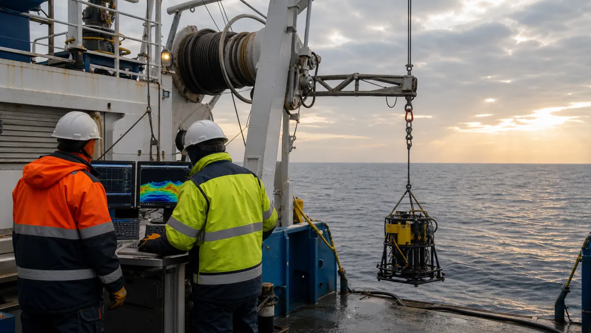 AI-beeld van een oceanografisch onderzoeksschip met zeebodemapparatuur en technici op zee als illustratie bij VN-werk over het continentaal plat.