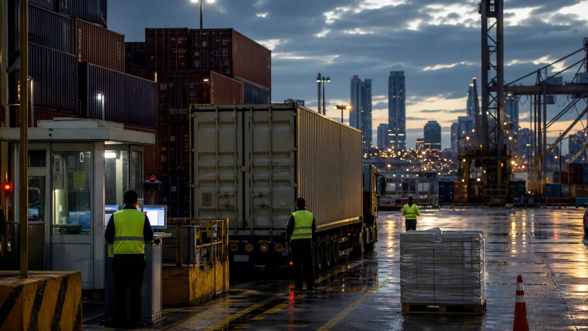 AI-beeld van een internationale containerhaven bij schemering met anonieme havenmedewerkers en een controlepunt als illustratie bij UNODC-onderzoek naar georganiseerde criminaliteit.