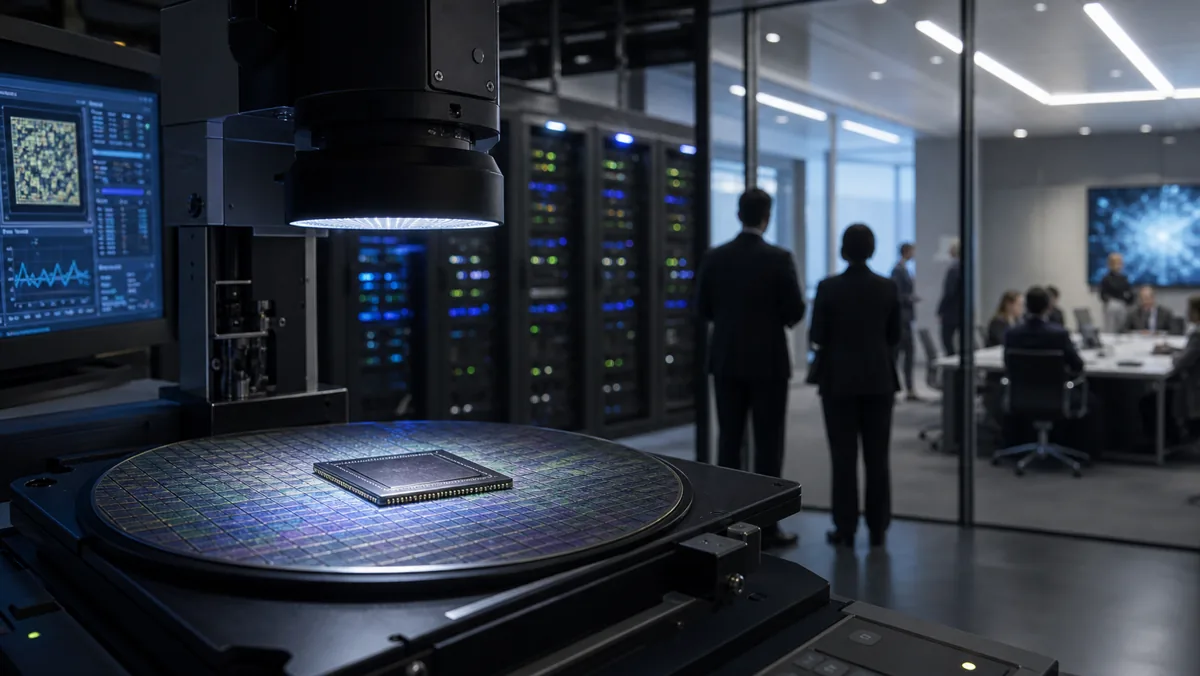 AI-beeld van een chipinspectieplek met serverracks en anonieme overlegdeelnemers als illustratie bij VN AI-governance en menselijke controle.