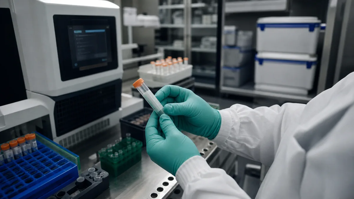 AI-beeld van een public-health laboratorium met handschoenen, een monsterbuisje, sequencingapparatuur en koelketenboxen als illustratie bij WHO PABS-onderhandelingen.