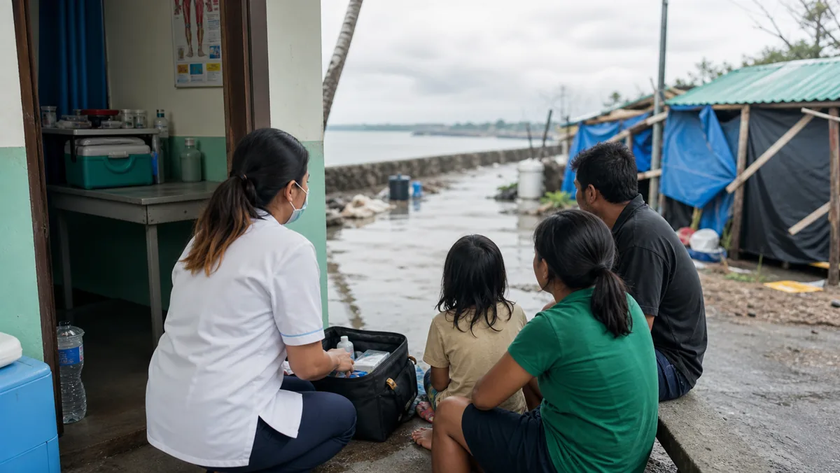 AI-beeld van een kustkliniek na zware regen met een anonieme zorgverlener en een ontheemd gezin bij tijdelijke opvang als illustratie bij WHO-onderzoek naar migratiegezondheid en klimaatrisico.