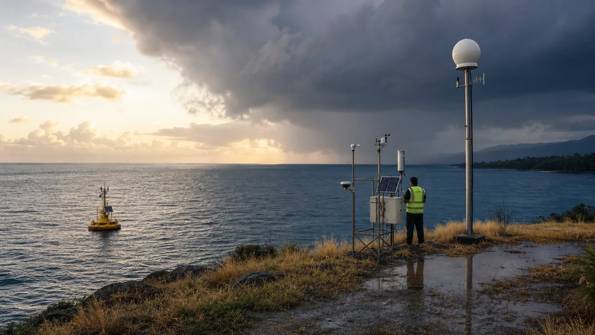 AI-beeld van een tropisch kustweerstation met meetboei, oceaan en dreigende stormlucht als illustratie bij WMO-waarschuwingen over El Niño 2026.
