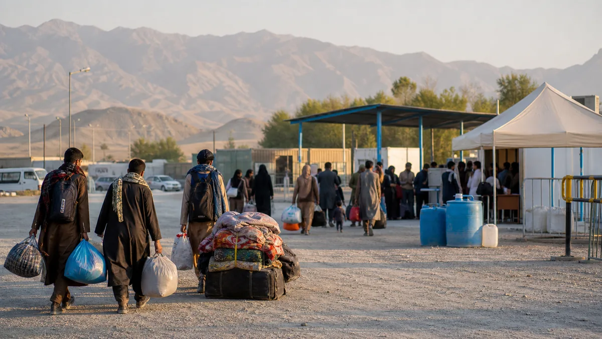 AI-beeld van een droge grens- en transitlocatie met anonieme reizigers, bagage, watercontainers en bergen als illustratie bij de Afghanistan terugkeercrisis.