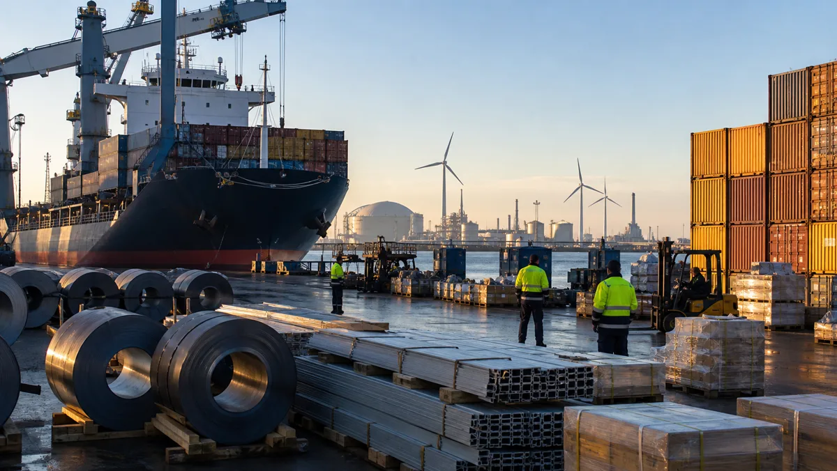 AI-beeld van een Europese haven met containers, staalrollen, aluminiumprofielen en logistieke medewerkers als illustratie bij EU CBAM en koolstofgrensheffing.